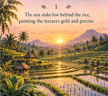 Page 1: The sun sinks low behind the rice, painting the terraces gold and precise.