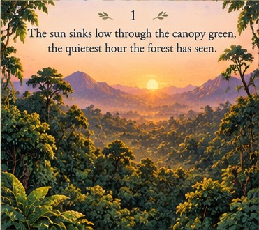 Page 1: The sun sinks low through the canopy green, the quietest hour the forest has seen.