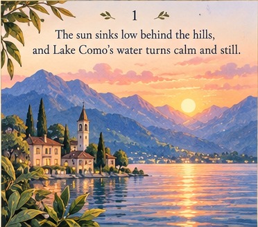Page 1: The sun sinks low behind the hills, and Lake Como's water turns calm and still.