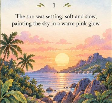 Page 1: The sun was setting, soft and slow, painting the sky in a warm pink glow.