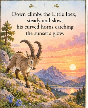 Page 1: Down climbs the Little Ibex, steady and slow, his curved horns catching the sunset's glow.