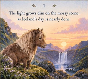 Page 1: The light grows dim on the mossy stone, as Iceland's day is nearly done.